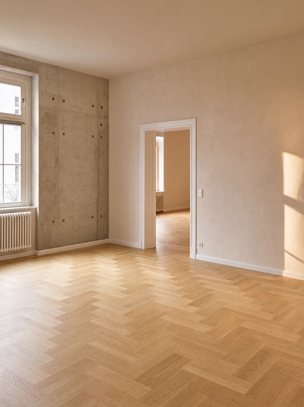 Innenraum im Rohbau mit frisch gespachtelten Trockenbauwänden und Tageslicht